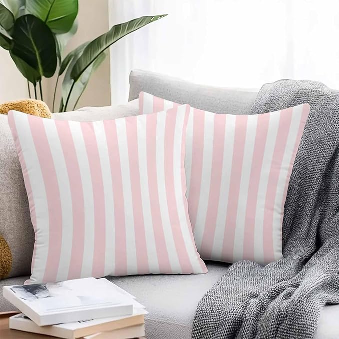 Pink Striped Outdoor Waterproof Throw Pillow Covers 20x20 Set of 2, Modern Farmhouse Pink White Stripes Decorative Pillowcases Cushion Pillowcase for Couch Sofa Patio Outside Pillow Protector