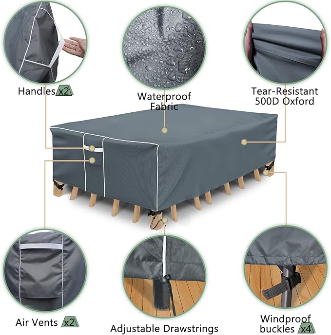 Gasadar Patio Table Cover, Waterproof Outdoor Table Cover Rectangular, 600D Heavy Duty, 90" L x 62" W x 29" H, Grey