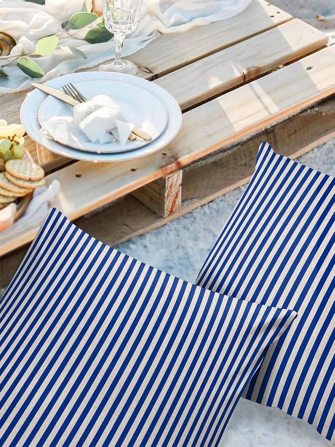 Outdoor Waterproof Throw Pillow Covers Set of 2 Navy Blue Stripes Pillowcases 24x24 Inches Linen Classic Vertical Striped Patio Decorative Pillows Cushion Case Patio Pillows for Couch Bed Chair Garden