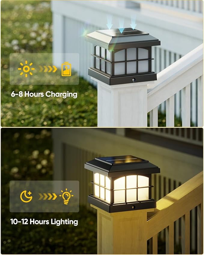 RGBCW Solar Post Cap Lights 6-Pack, 9 Colors 3 Modes Fence Cap Lights, Bright Solar Outdoor Waterproof LED Deck Lighting for Fence Garden Deck Patio Porch Decor 4x4 Vinyl/Wood, Black
