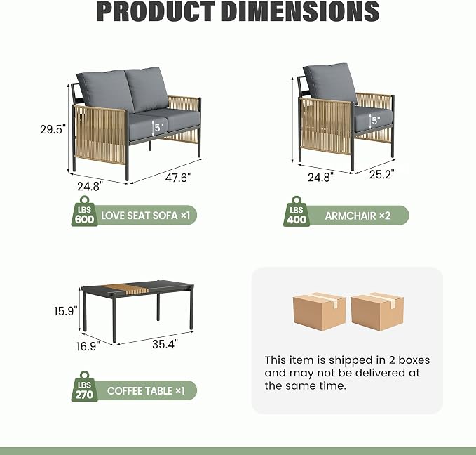 Aluminum Outdoor Patio Furniture Set, 4 Seats Outdoor Sectional with Coffee Table, Patio Conversation Sets with Washable Thick Cushions and Waterproof Cover forBackyard/Garden/Poolside, Gray