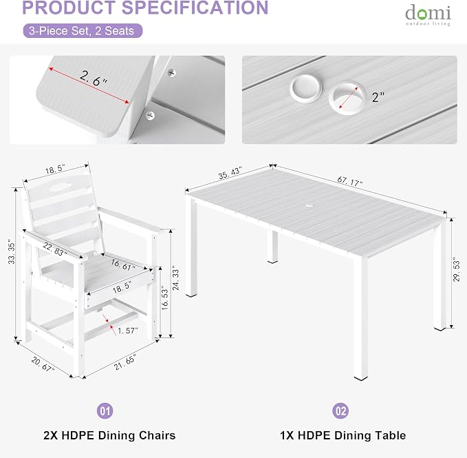 Domi HDPE Outdoor Dining Set, All-Weather 3 Piece Outdoor Dining Table Set with 2" Umbrella Hole, Outdoor Patio Dining Set for Garden, Poolside, Backyard, Deck, White