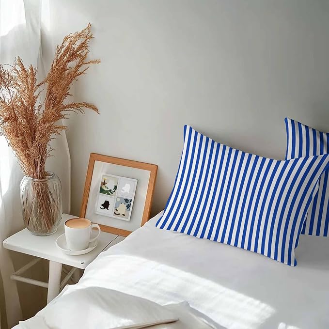 Lumbar Pillow Covers 20x12 Inch Set of 2, Navy Blue Stripe Waterproof Outdoor Cushion Covers, Modern White Vertical Striped Geometric Decorative Pillowcases for Couch, Sofa, Bed, Garden, Patio