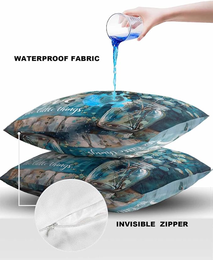 Outdoor Waterproof Throw Pillow Covers 24x24in, Vintage Eucalyptus Leaves Blue Cushions for Garden Patio Furniture Chairs Set of 2, Spring Watercolor Art Home Decor Couch Sofa Polyester Pillow Cases