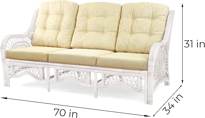 Malibu Lounge Set of 4: 2 Natural Rattan Wicker Chairs, Three-Seater Sofa with Cream Cushions and Coffee Table with Glass Handmade, White Color