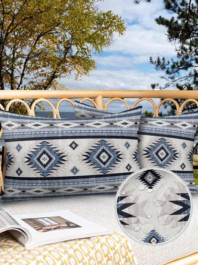 Outdoor Waterproof Throw Pillow Covers Set of 2 Blue Boho Aztec Lumbar Pillowcases 20x12 Inches Southwest Tribal Geometric Patio Decorative Pillows Cushion Case Patio Pillows for Couch Bed Garden