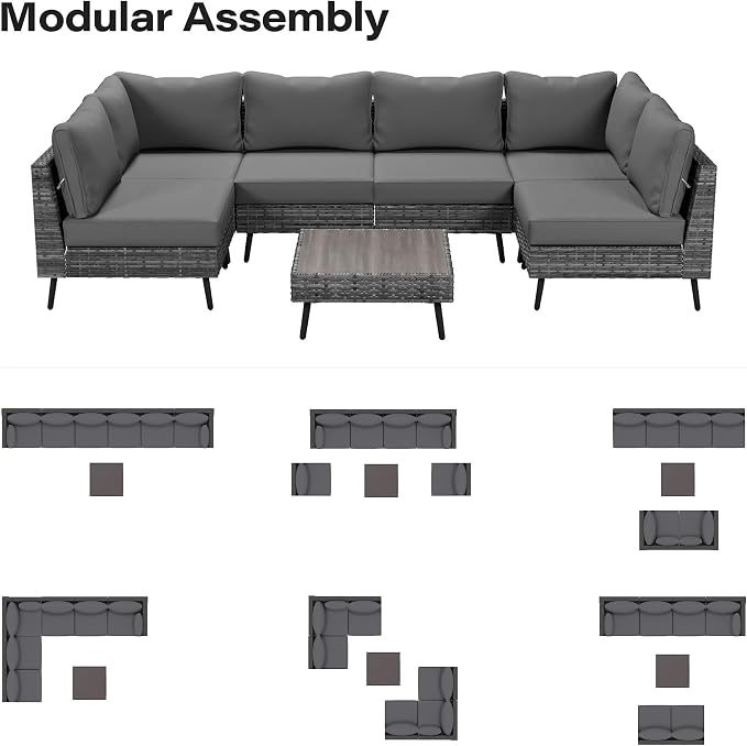 LAUSAINT HOME Outdoor Patio Furniture, 7 Piece Outdoor Sectional Sofa PE Rattan Wicker Patio Conversation Sets, All Weather Patio Furniture Set with Thick Cushions for Garden, Backyard (Grey)