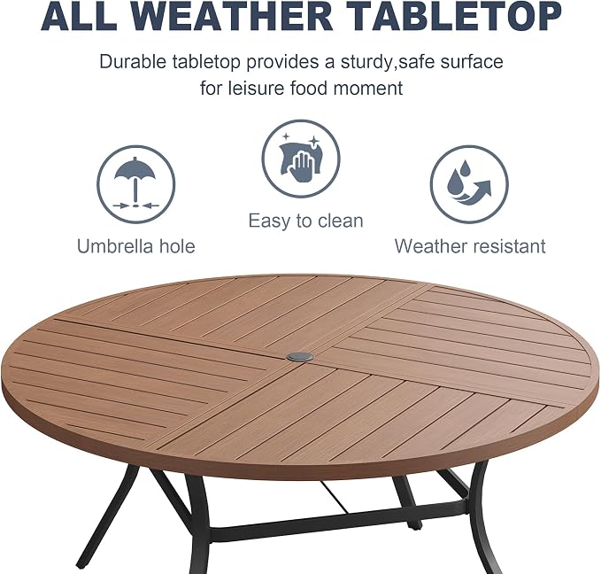 VICLLAX Patio 7 Pieces Outdoor Dining Set, 50" Round Metal Table with Umbrella Hole and 6 Swivel Textilene Chairs for Lawn, Garden, Porch, Walnut/Brown