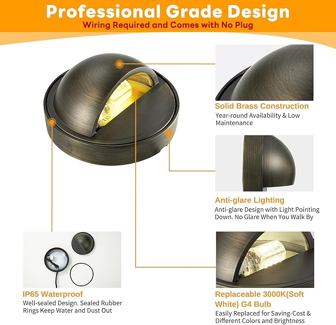 Gardenreet Low Voltage Deck Lights - Solid Brass Landscape Step Lights LED, 12V Hardwired IP65 Waterproof, Bronze Round for Stair Wall Yard with 3000K Soft White 3W 270LM G4 Bulb 8 Pack