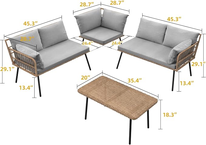 DWVO 4 Piece Patio Furniture Set with 5 Seater Outdoor Sectional with Thickness Cushions and Side Table All-Weather L-Shaped Sectional Conversation Sofa Set Outdoor Furniture Set for Backyard Porch