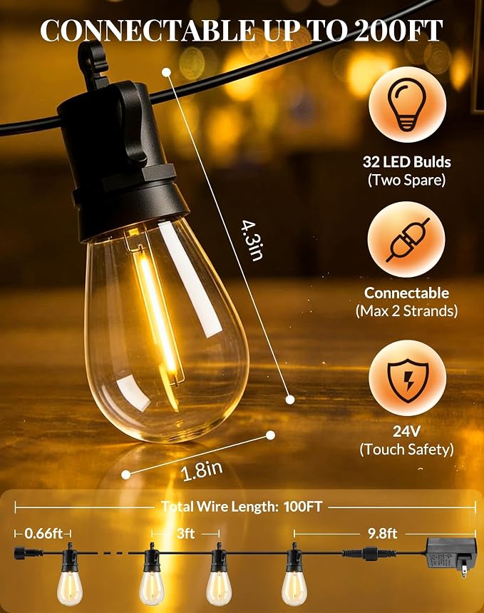 Outdoor String Lights Patio Light - 150Ft Outside Waterproof Dimmable Bulbs | S14 LED Remote Porch Light, Shatterproof Edison Bulbs Hanging Connectable Lighting for Gazebo Backyard Bistro Pergola, Timer
