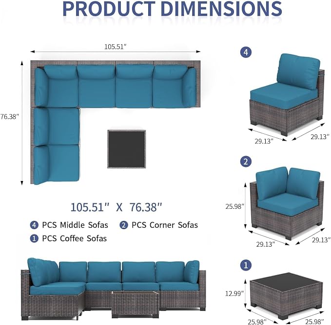 Garvee Patio Furniture Set, 7-Piece Outdoor Couches for Patio, Wicker Sectional Sofa with Coffee Table & Cushions