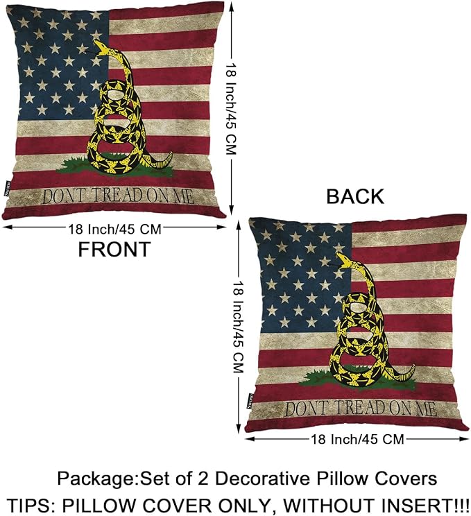 Swono Couch Pillow Cover Set of 2 Don't Tread On Me, Vintage American Flag Snake Decorative Throw Pillowcase Cushion Cover 18 X 18 Inch Throw Pillows Covers for Sofa Bedroom Car Living Room