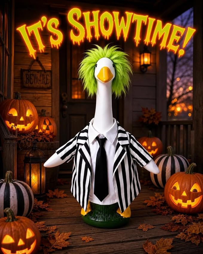 Halloween Porch Goose Outfits, Spooky Striped Suit Fits 23" Lawn Statue | Funny goose clothes costume with green wig. Spooky fall yard decor accessories, thoughtful gift for mom & grandma.
