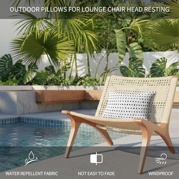 Chaise Lounge Headrest Pillow 2 Pack, White Waterproof Chair Pillows with Insert & Adjustable Elastic Strap for Beach Recliner, Abstract Black Polka Dot Geometric Minimalist Art Outdoor Patio Pillow