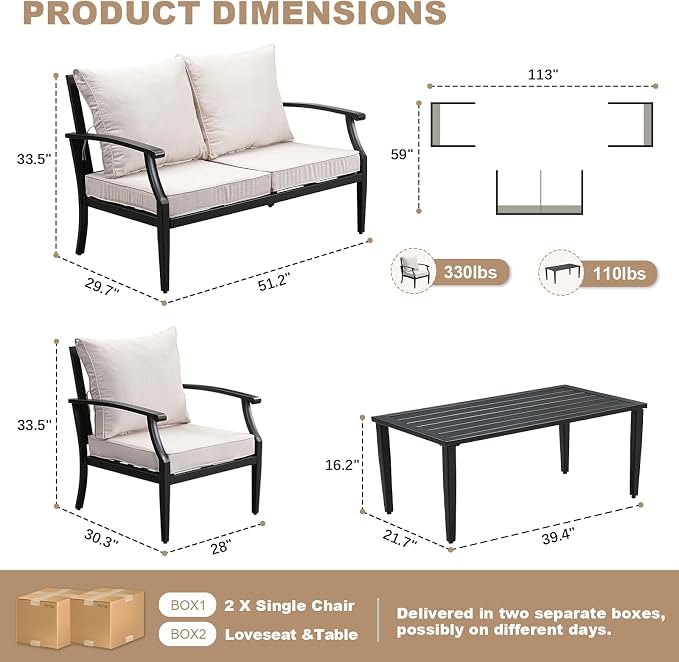 4-Piece Patio Furniture Set, Wider Outdoor Metal Seating Sofa with High Back & Loveseat, Coffee Table, All Weather Metal Conversation Set for Backyard, Poolside, Deck-Beige