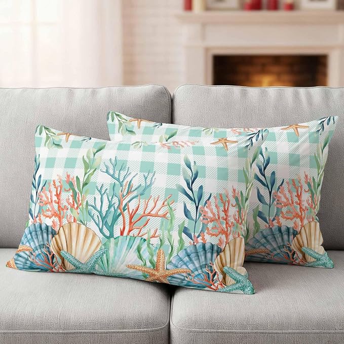 Lumbar Pillow Covers 20x12 Inch Set of 2, Summer Coastal Waterproof Outdoor Pillow Covers, Watercolor Corals Shells Starfish Green Plaid Decorative Cushion Pillowcases for Couch, Sofa, Bed, Patio
