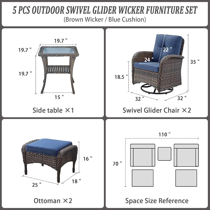 Belord Small Conversation Sets Patio Funiture - 5 Piece Outdoor Swivel Rocker Wicker Furniture Sets with Ottomans Side Table Perfect for Patio Deck Backyard, Brown Wicker Blue Cushion