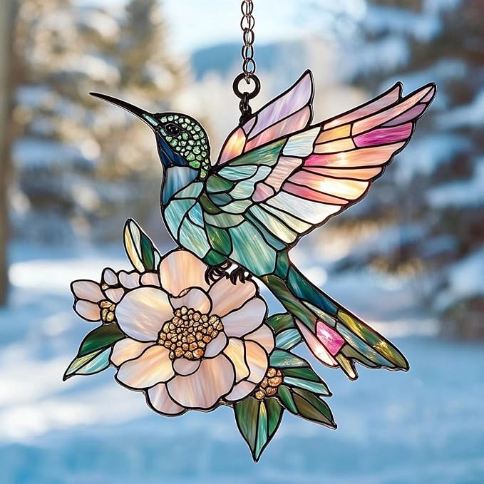 Floral Hummingbird Acrylic Suncatcher, Boho Suncatchers for Window Hanging Ornament, Stained Glass Effect Art Garden Decor for Bird Lover, Gifts for Mother's Day, Mom, Grandma, Wife, Women, Nana