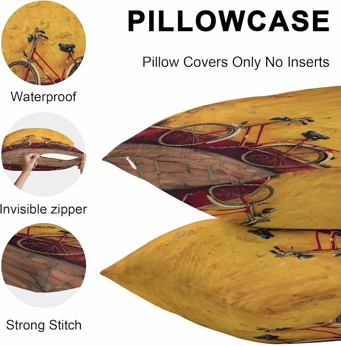 Bicycles Outdoor Pillow Covers 20x12 Inch Lumbar Pillow Covers Set of 2 Waterproof Decorative Throw Pillow Cases Farmhouse Vintage Vehicle Yellow Broken Walls Cushion Covers for Patio Furniture Garden