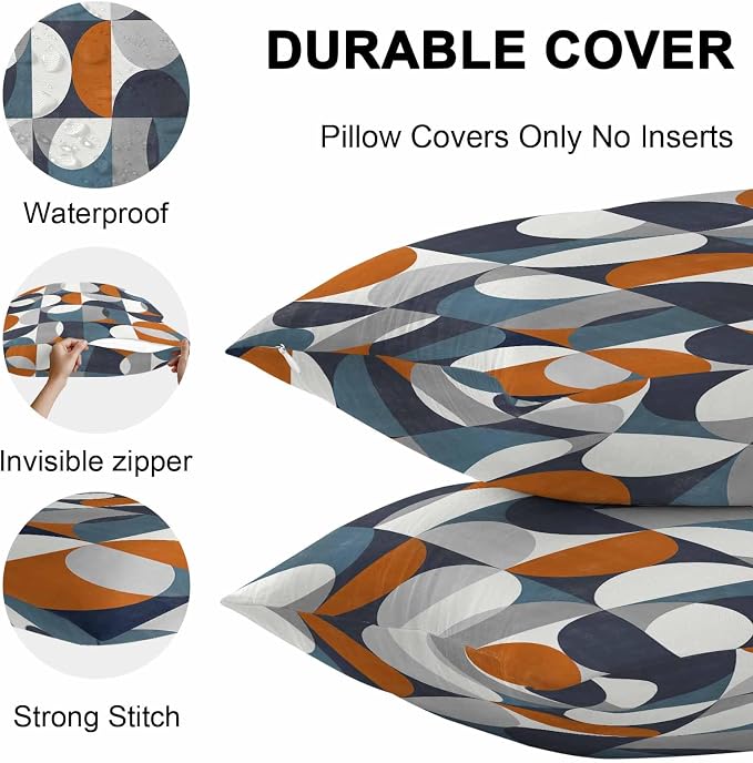 Vandarllin Outdoor Throw Pillows Covers 20x20 inch Set of 2 Waterproof Mid Century Geometric Decorative Zippered Cushion Covers for Patio Furniture, Abstract Modern Orange Blue Lumbar Pillowcases