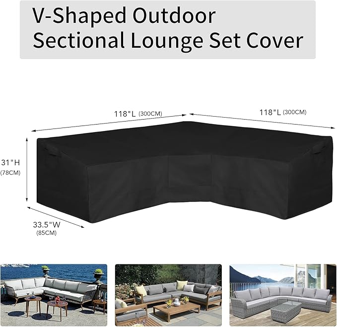 Easy-Going 600D Patio V-Shaped Sectional Sofa Cover, Waterproof Outdoor Sectional Cover,Heavy Duty Garden Furniture Cover with Air Vent 118" L (on Each Side) x 33.5" D x 31" H, Black