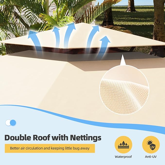 MELLCOM 10'x10' Outdoor Gazebo Kahaki for Patio, Heavy Duty Party Tent with Double Roofs, Outdoor Canopy with Curtains and Nettings for Deck, Lawn and Backyard