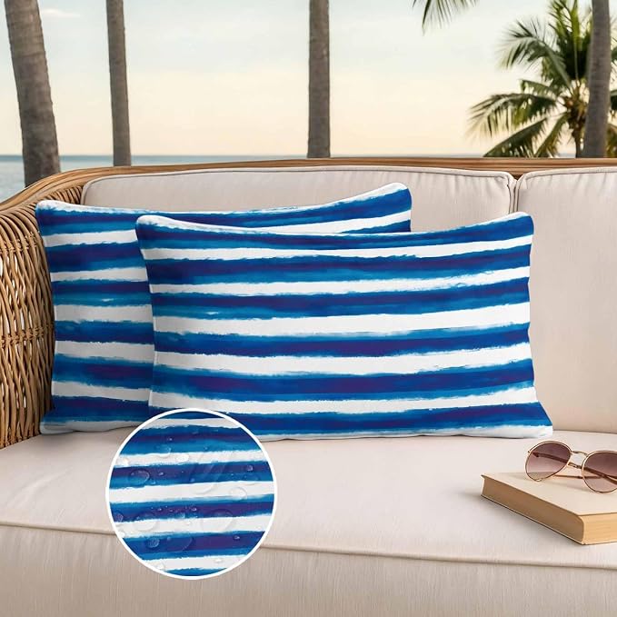 Blue Stripe Waterproof Outdoor Pillow Covers Set of 2 Home Decor, Ocean Beach Watercolor White Geometric Pillowcase Patio Pillow Covers for Couch Bench Furniture Garden 20x12in