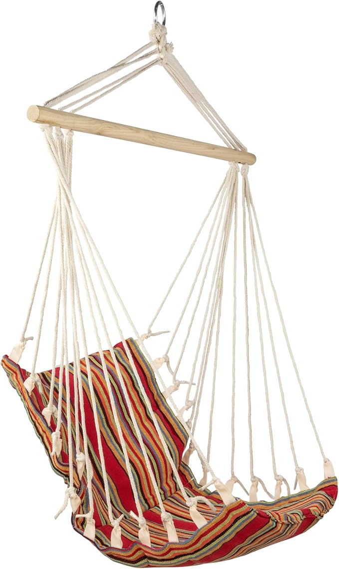 Striped Hammock Chair with Padding and Wooden Bar -34" x 21" - Red and Yellow