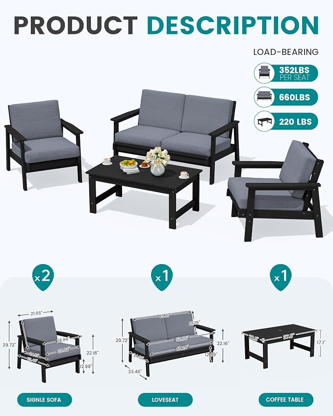 SERWALL HDPE Patio Furniture Set with 15FT Double Side Patio Umbrella, All Weather Wood-Like Outdoor Sofa Sectional Couch, Black Patio Furniture with Grey Cushions
