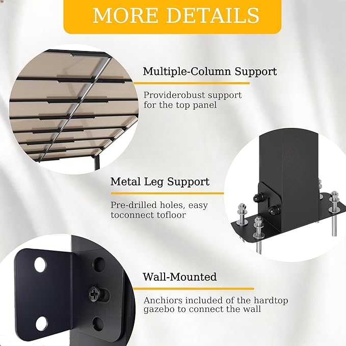 ALAULM 10'x 12' Outdoor Hardtop Pergola,Wall Mounted Lean to Gazebo with Sloped Sun Panel Roof,Galvanized Metal Frame,Sunshade for Patio, Backyard, Deck and Poolside