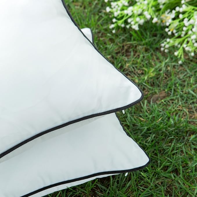 LIGICKY Pack of 2 White Outdoor Waterproof Lumbar Throw Pillow Covers Decorative Black Edge Rectangle Pillows Cushion Case Outside Pillowcase for Patio Couch Tent Sunbrella (12x20 inch)