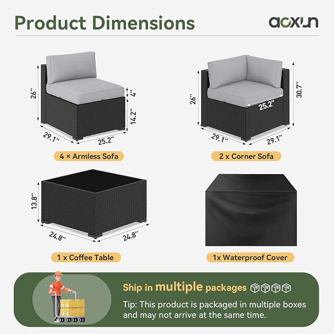 Aoxun 7 Piece Patio Furniture Set, Wicker Rattan Patio Sectional Sofa, Outdoor Furniture Set with Thickened Cushion, Light Gray