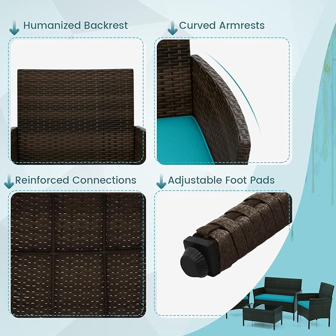 ORALNER 4 Pieces Patio Furniture Set, Rattan Chairs Loveseat with Soft Cushion and Glass Table, Outdoor Wicker Conversation Set for Balcony Garden Backyard Porch Poolside (Turquoise)