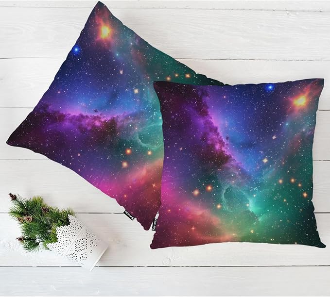 Swono Galaxy Space Throw Pillow Covers, Cosmic Universe Outer Space Nebula Star Galaxy Set of 2 Cushion Case Pillow Cover for Bed Sofa Couch Square Throw Pillowcases for Men Women 18x18 Inch