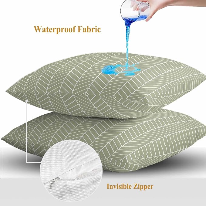 Outdoor Waterproof Throw Pillow Covers Set of 2 Sage Green Chevron Stripes Pillowcases 18x18 Inches Modern Geometric Texture Decorative Pillows Cushion Case Patio Pillows for Couch Bed Chair Garden