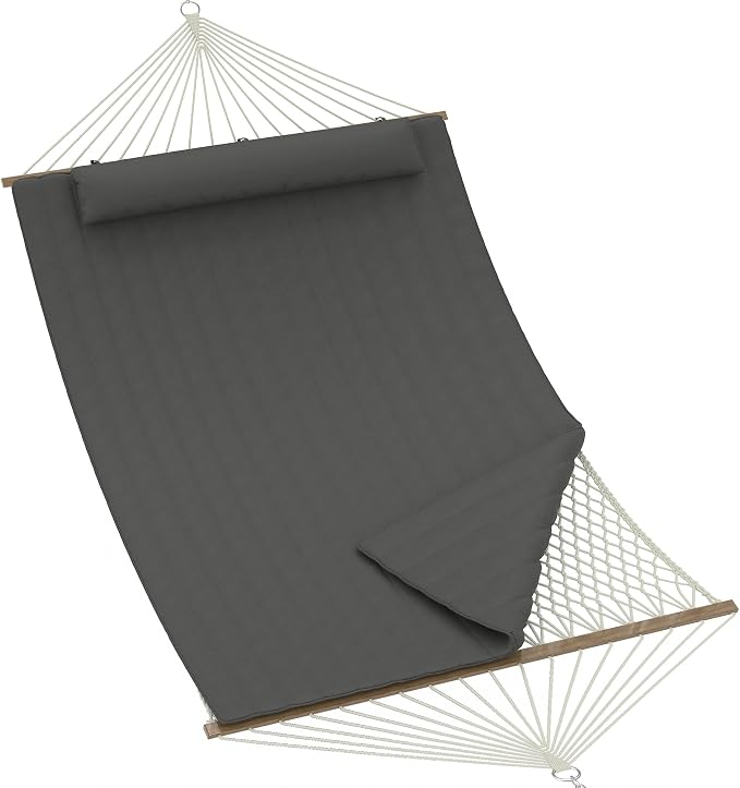 2 Person 12FT Hammocks for Outside, Double Quilted Fabric Outdoor Hammock with Spreader Bar, Large Removable Pillow, Storage Pockets, Carabiners, Max 450 Lbs Capacity