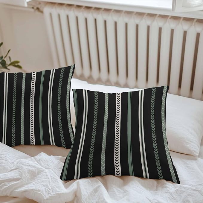 Throw Pillow Covers 18x18 Inch Set of 2, Black Green White Waterproof Outdoor Cushion Covers, Boho Vintage Abstract Striped Lines Decorative Pillowcases for Couch, Sofa, Bed, Garden, Patio