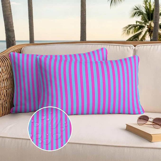 Lumbar Pillow Covers 20x12 Inch Set of 2, Purple Striped Waterproof Outdoor Cushion Covers, Geometric Pink Vertical Solid Rainbow Decorative Pillowcases for Couch, Sofa, Bed, Garden, Patio
