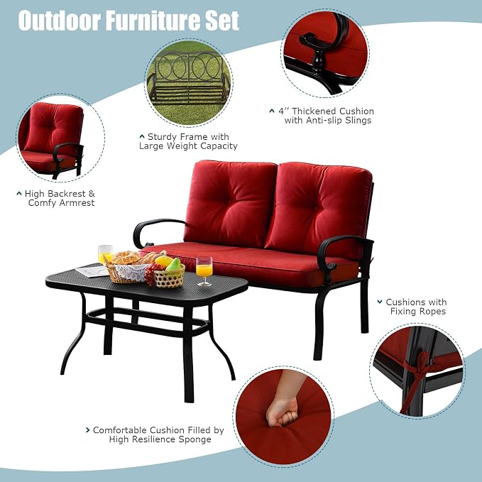 RELAX4LIFE Patio Loveseat with Coffee Table - 2-Piece Patio Conversation Sofa Set w/Backrest & Cushions, Modern Outdoor Glider Bench for Garden, Backyard, Poolside, Metal Porch Furniture (Red)