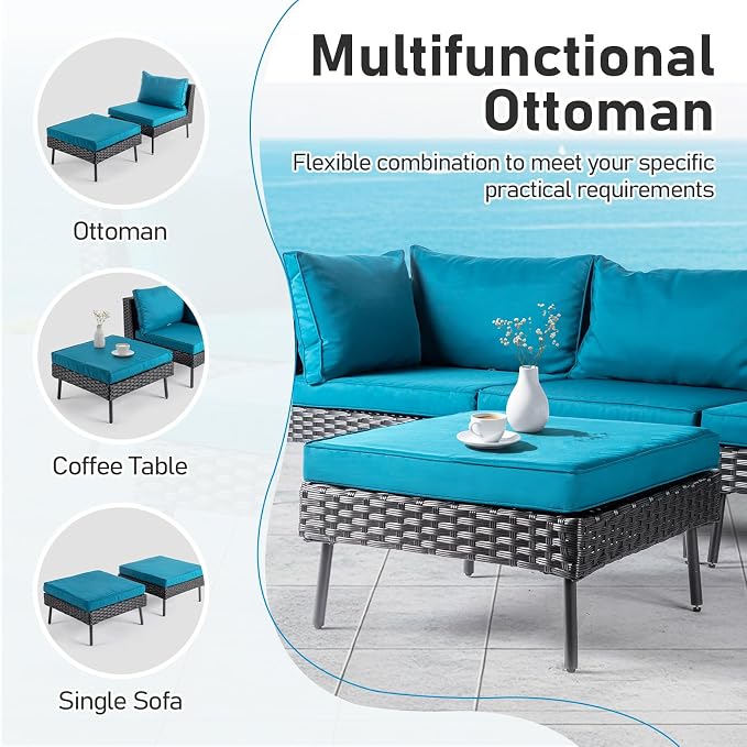 Outvita 6 Pieces Patio Furniture Set, All-Weather Outdoor Sectional Patio Sofa PE Rattan Manual Weaving Wicker Conversation Set with Ottoman & Adjustable Feet & Pillow & Seat Cushion, Green & Black