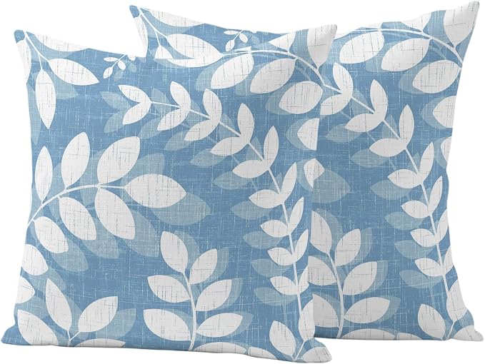 Sky Blue Leaves Outdoor Waterproof Throw Pillow Covers 18x18 Set of 2, Farmhouse Botanical Branch Vintage Boho Leaf Decorative Pillowcases Cushion Pillowcase for Couch Sofa Patio Pillow Protector