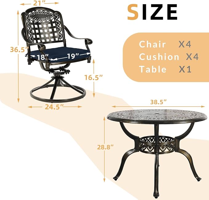 5 Piece Patio Dining Set, Outdoor Table and Chairs Set for 4 Cushioned Swivel Rocking Chairs and 38.5'' Round Table, All-Weather Cast Aluminum Patio Funiture Set, 2'' Umbrella Hole, Navy