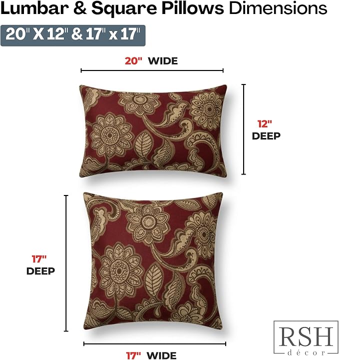 RSH DECOR: Outdura Lumbar & Square Pillows Set of 4 | 20" x 12" & 17" x 17" | Water and Fade-Resistant Fabric | Outdoor Throw Pillows for Patio Furniture | Made in USA (Veranda Crimson)