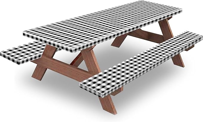 KENOBEE 5ft Picnic Table and Bench Cover, Camping Essentials RV Gear, 60 in Waterproof Windproof Outdoor Elastic All Around Tablecloth, Fitted Rectangle Tables and Seats, Black-White Checkered