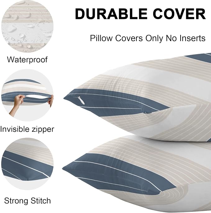 Haze Blue Beige Stripe Outdoor Pillow Covers Waterproof, All Weather Cushion Case Set of 2, Modern Art Horizontal Striped Decorative Pillowcases for Sofa Couch Bed Decor Patio Furniture 16"x16"