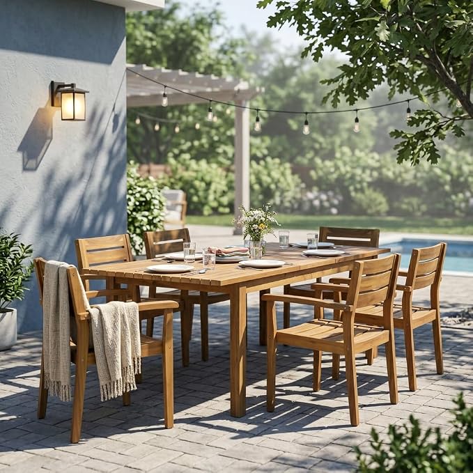 7-Piece Acacia Wood Outdoor Dining Set with 6 Chairs and Expandable Table, Teak Finish - Weather-Resistant Patio Furniture for Backyard, Garden, and Deck