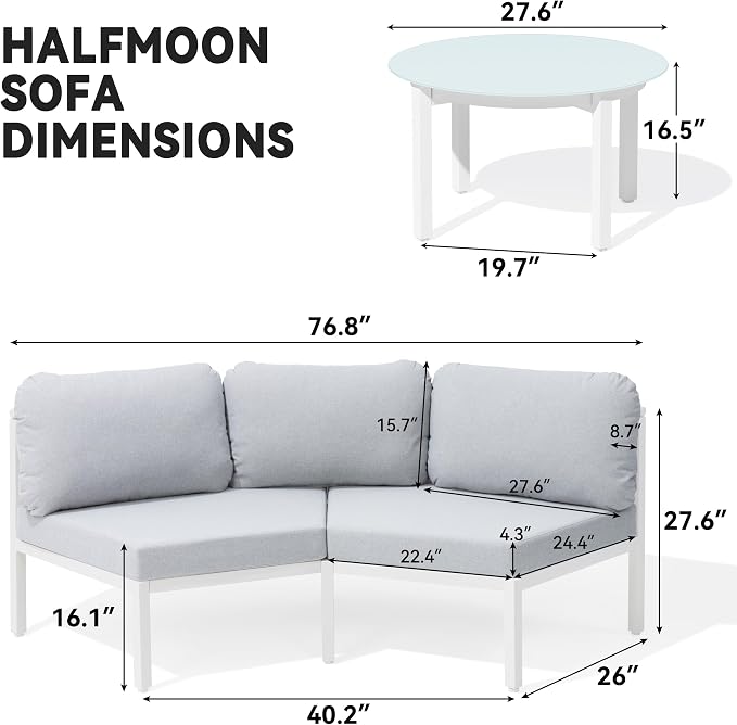 Crestlive Curved Patio Furniture Set, Modular Half Moon 8-Seater Sofa with Round Coffee Table, Aluminum Outdoor Sectional with 4.3" Cushions, All-Weather Couch for Backyard, Deck, Porch, Poolside