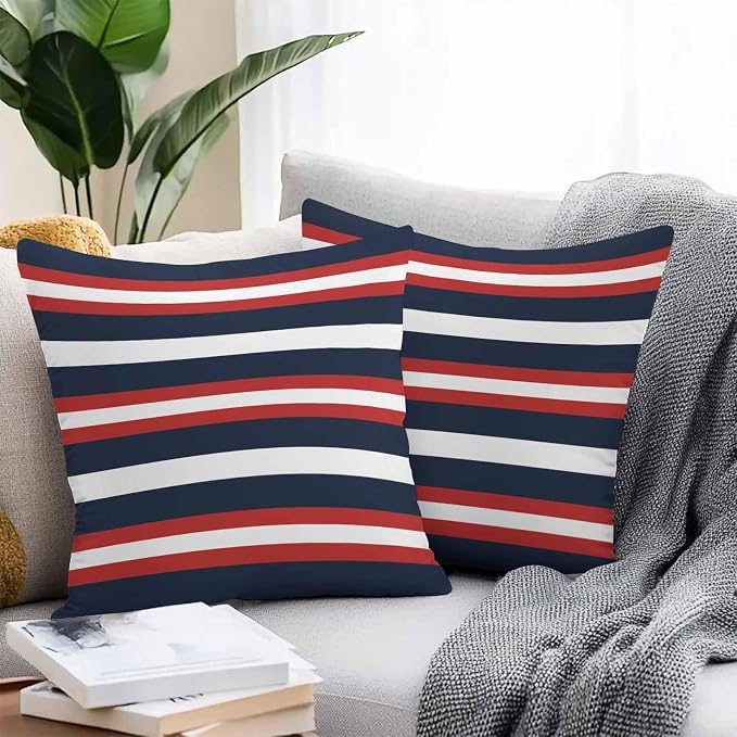 Red Navy Blue Striped Outdoor Pillow Covers Waterproof, All Weather Cushion Case Set of 2, Contemporary Minimalist Aesthetic Decorative Pillowcases for Sofa Couch Bed Decor Patio Furniture 18"x18"