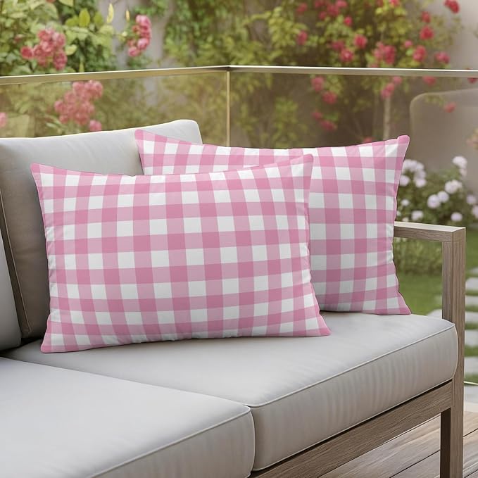 Rose Pink Checks Outdoor Pillow Covers 20"x12" Set of 2, Gingham Plaid Abstract Modern Minimalist Waterproof Throw Pillow Covers for Patio Furniture, Decorative Cushion Covers for Porch